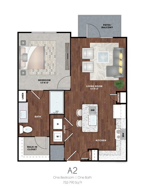Floor plan for 1 bed, 1 bath, 757 sqft
